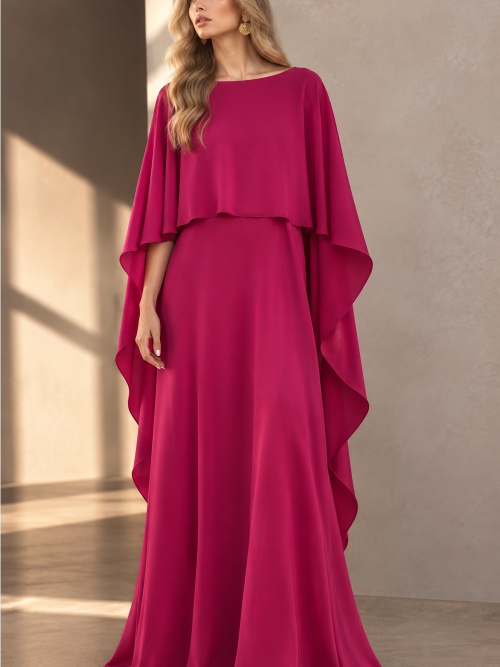 Posh Couture Fuchsia Cape Maxi Dress